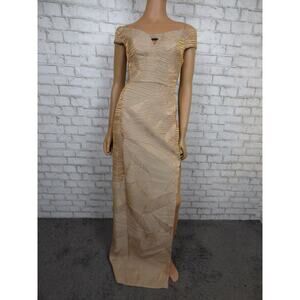 $690 Black Halo Eve Gold Metallic Harrow Off Shoulder Sheath Gown 2 NWT